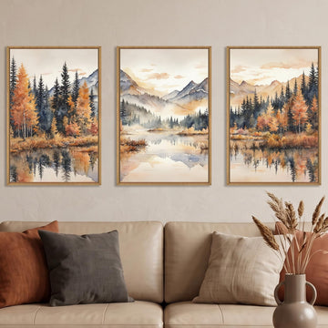 Large Neutral Mountain Framed Canvas Wall Art,Nature Foggy Forest Wall Decor,Watercolor Autumn Landscape Wall