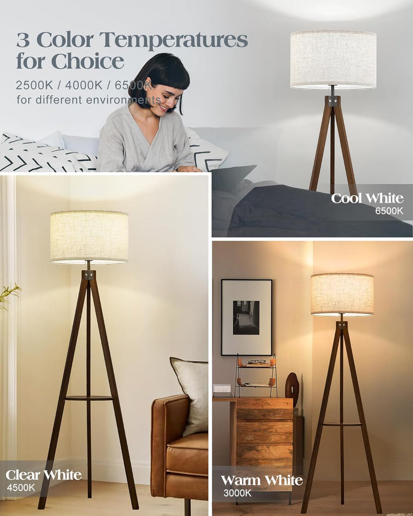 Tripod Floor Lamp with Table, Mid Century Wood Shelf Standing Light Modern Tall Floor Lamp with Linen Shade Bedroom
