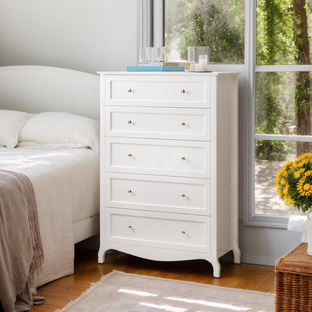 White Dresser 5 Drawer Chest of Drawers , 44.5" Tall Wood Dresser with Drawers, 29.92" W*15.75" D*44.49" H