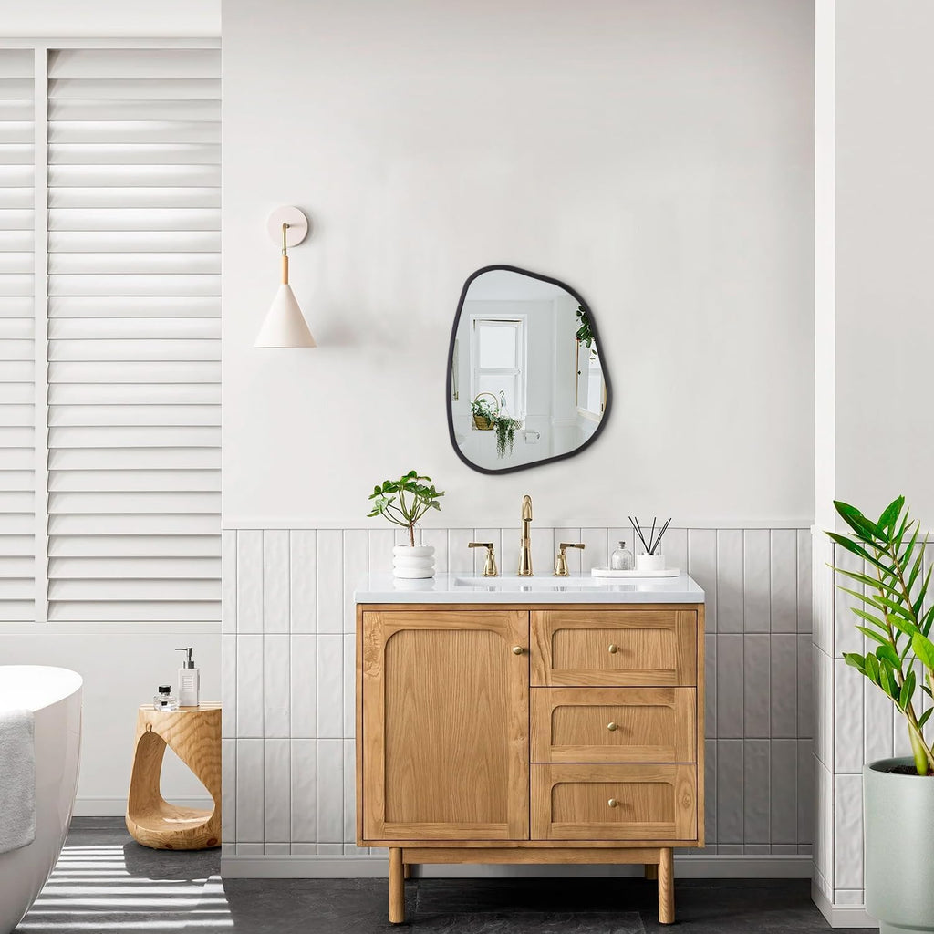 Black Asymmetrical Mirror Irregular Oval Wall Mirror Modern Wood Frame Unique Shape Wall Mounted Vanity Artistic