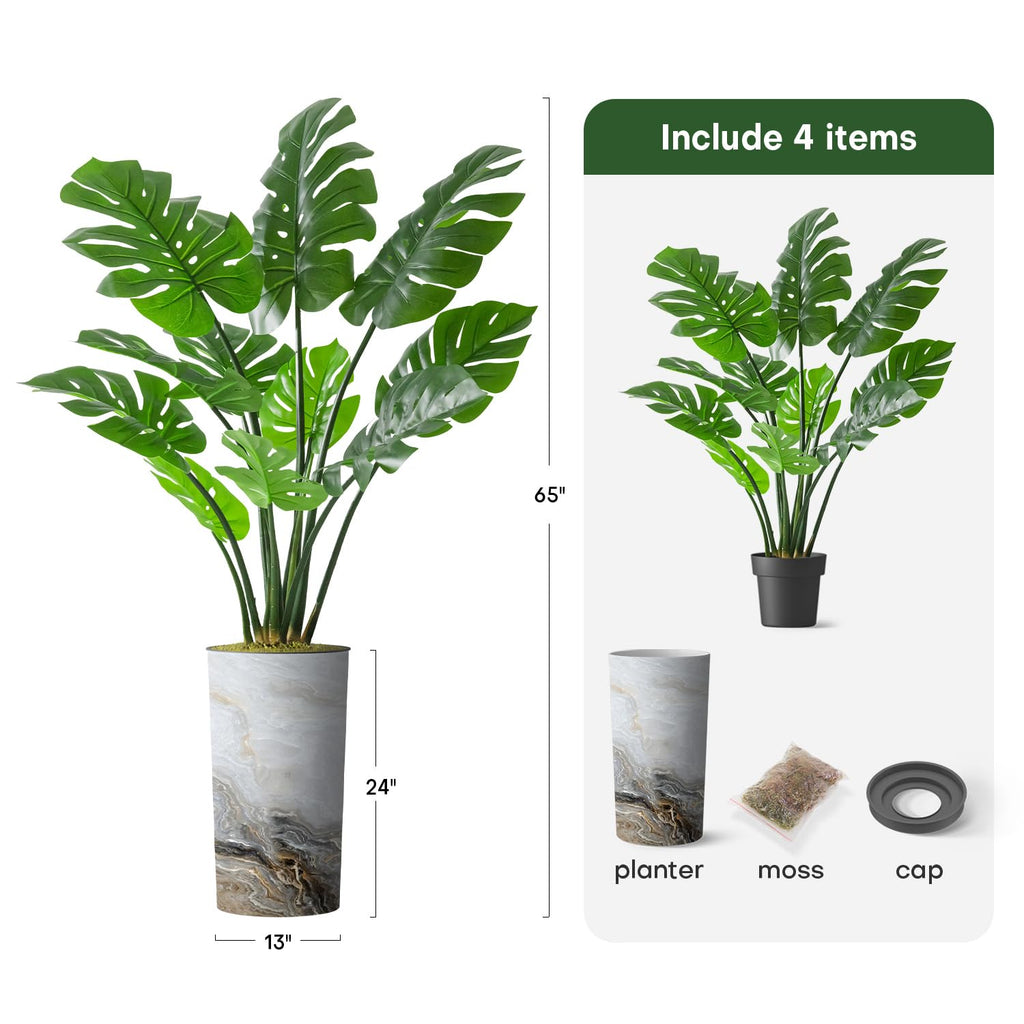 Artificial Tree in Modern Granite Effect Planter, Fake Monstera Silk Tree for Indoor and Outdoor Home Decoration