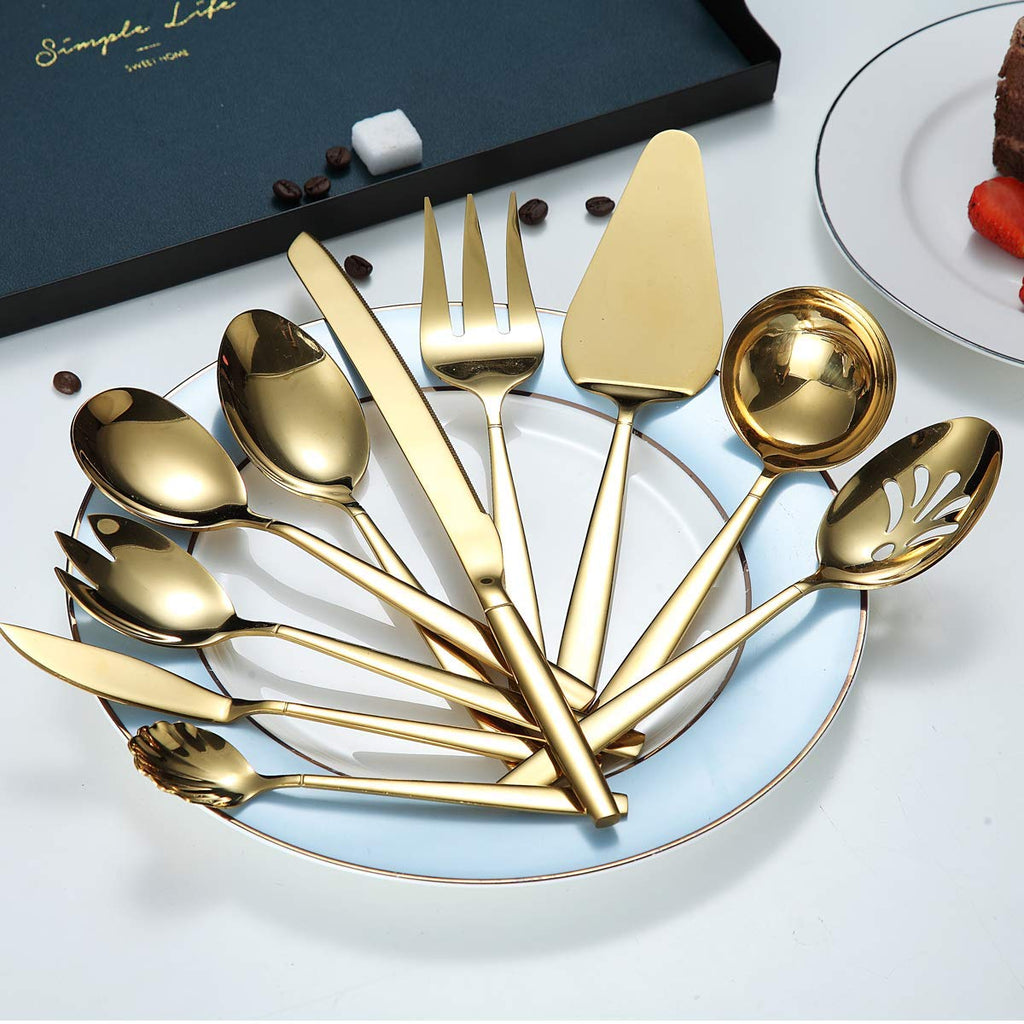 Gold Serving Utensils 10 Pieces, Titanium Golden Plating Serving Spoons, Included Cake Knife Cake Server Serving