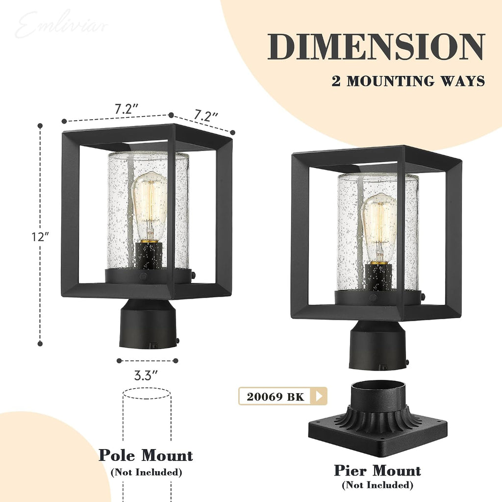 Post Lights Outdoor Fixture, 1-Light Lamp Post Lantern, Black Finish, Seeded Glass, 2083P BK