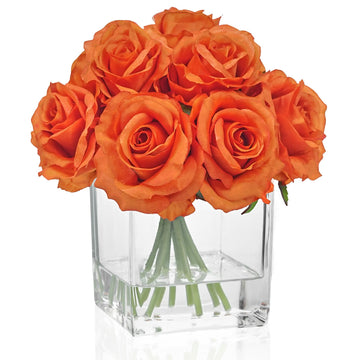 Artificial Flowers in Vase with Faux Water, Orange Rose for Fall