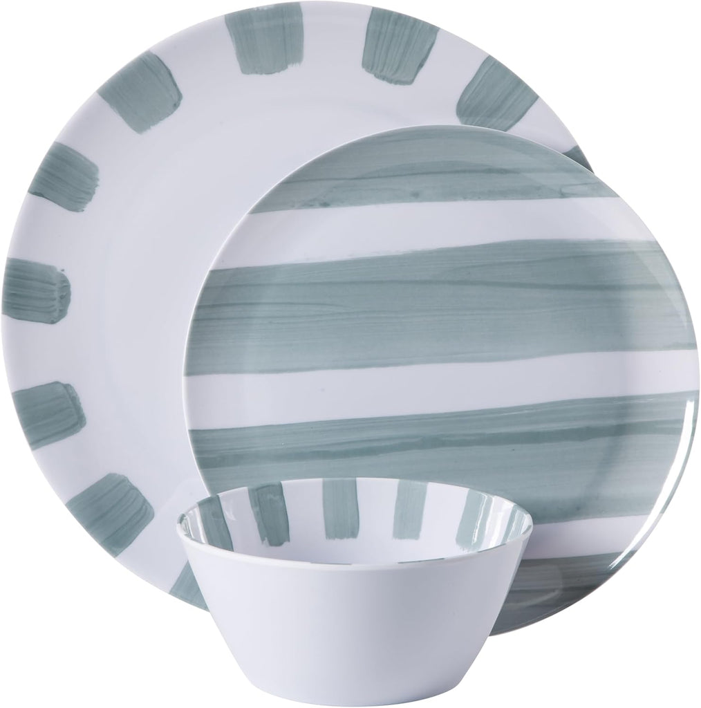 Cottage Stripes 12-Piece Melamine Plates and Bowls Dinnerware Set - Outdoor, Camping, & Everyday Use - Assorted Colors