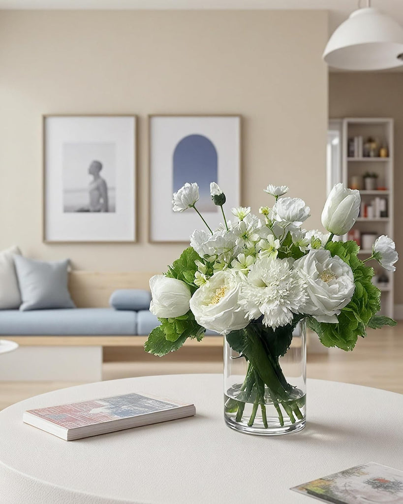 Artificial Flower Arrangement in Glass Vase with Realistic Fixed Water - Lifelike Roses, Hydrangeas, Tulips &