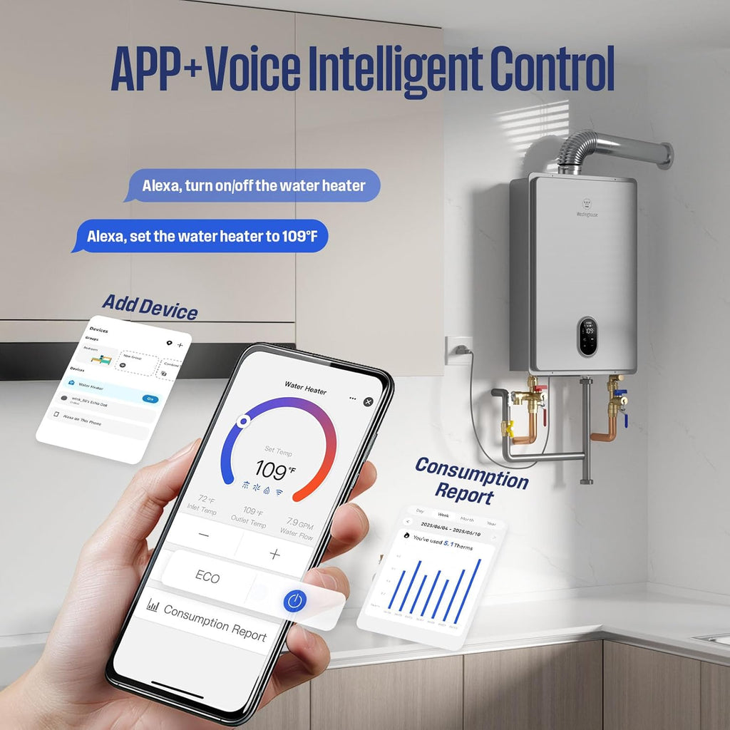 Smart Tankless Water Heater Gas Indoor, 7.9 GPM 180, 000 BTU Whole Home Natural Gas Heater, WiFi App Control