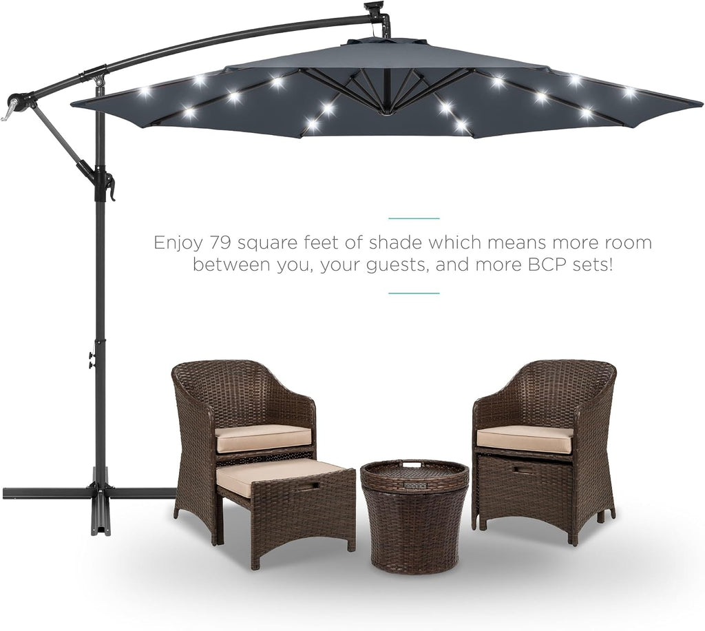 10ft Solar LED Offset Cantilever Hanging Market Patio Umbrella, 8 Sturdy Ribs, Easy Adjustment - Slate