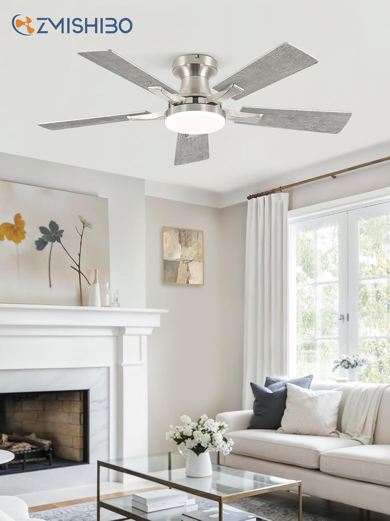 42 Inch Ceiling Fan with Light, App&Remote Control, Flush Mount Low Profile, Dimmable 20W LED Light, Quiet Reversible Motor for Bedroom, Living Room, Apartment, Nickel