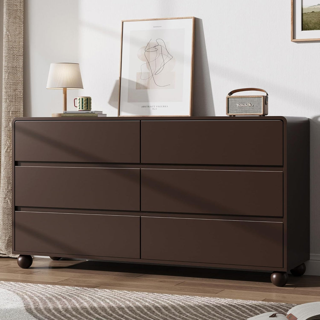 Mid-Century Modern 6 Drawer Dresser , 55" Wide Dressers Chest of Drawers, Handle Free & Curved Profile Design, Wood