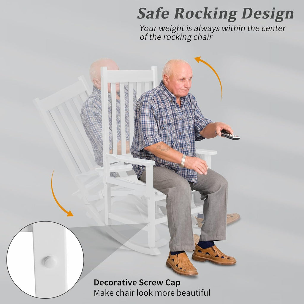 Outdoor Rocking Chair, Solid Wood High Back Porch Rocker, White | All-Weather Lounge Design Supports Patio, Fire Pit