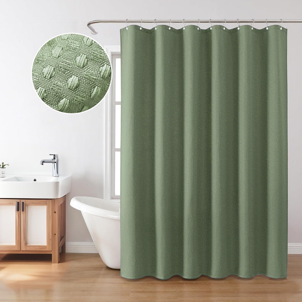 Fabric Shower Curtain, Waffle Weave 230 GSM Polyester, Weighted Hem, Metal Hooks Included, Water Repellent Washable