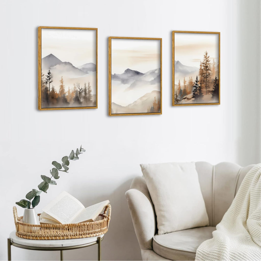 Framed Neutral Mountain Wall Art Forest Landscape Canvas Painting Prints Set of 3 Abstract Nature Watercolor Picture