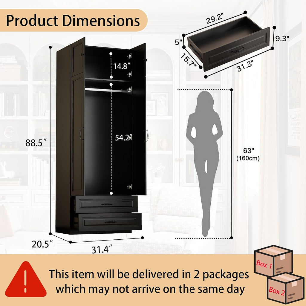 Armoire Wardrobe Closet with Drawers: Bedroom Armoires with Hanging Rod, Wooden Closet Cabinet for Hanging Clothes