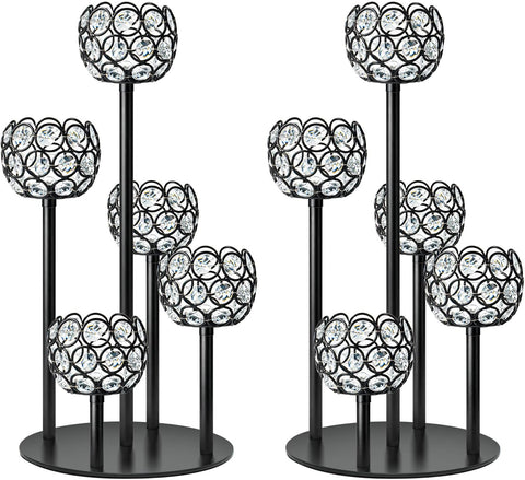 5-Arm Crystal Tealight Candelabra Centerpiece, 14.8 Inch Metal Candle Holder for Table Decor, Wedding, Christmas