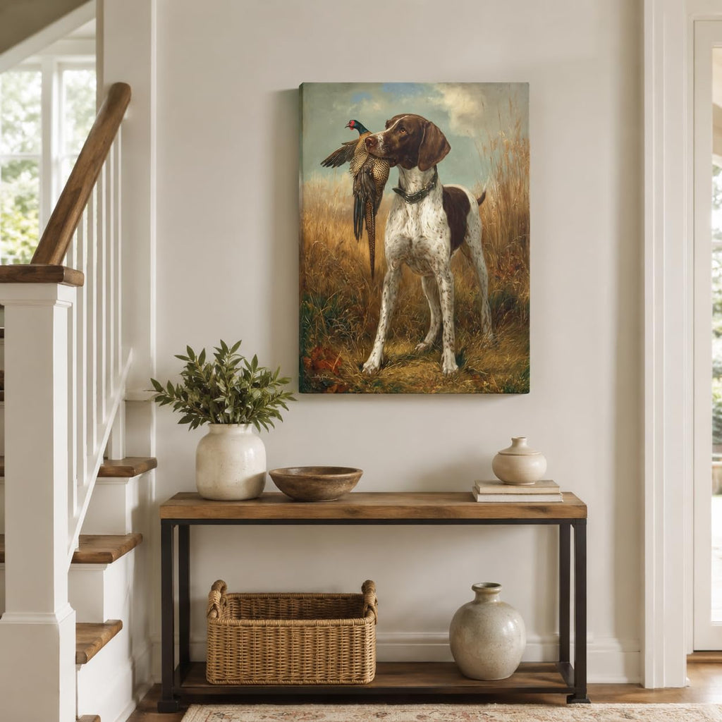 Classic German Shorthaired Pointer with Pheasant Canvas Wall Art - Vintage Hunting Scene Rustic Decor Office Man Cave