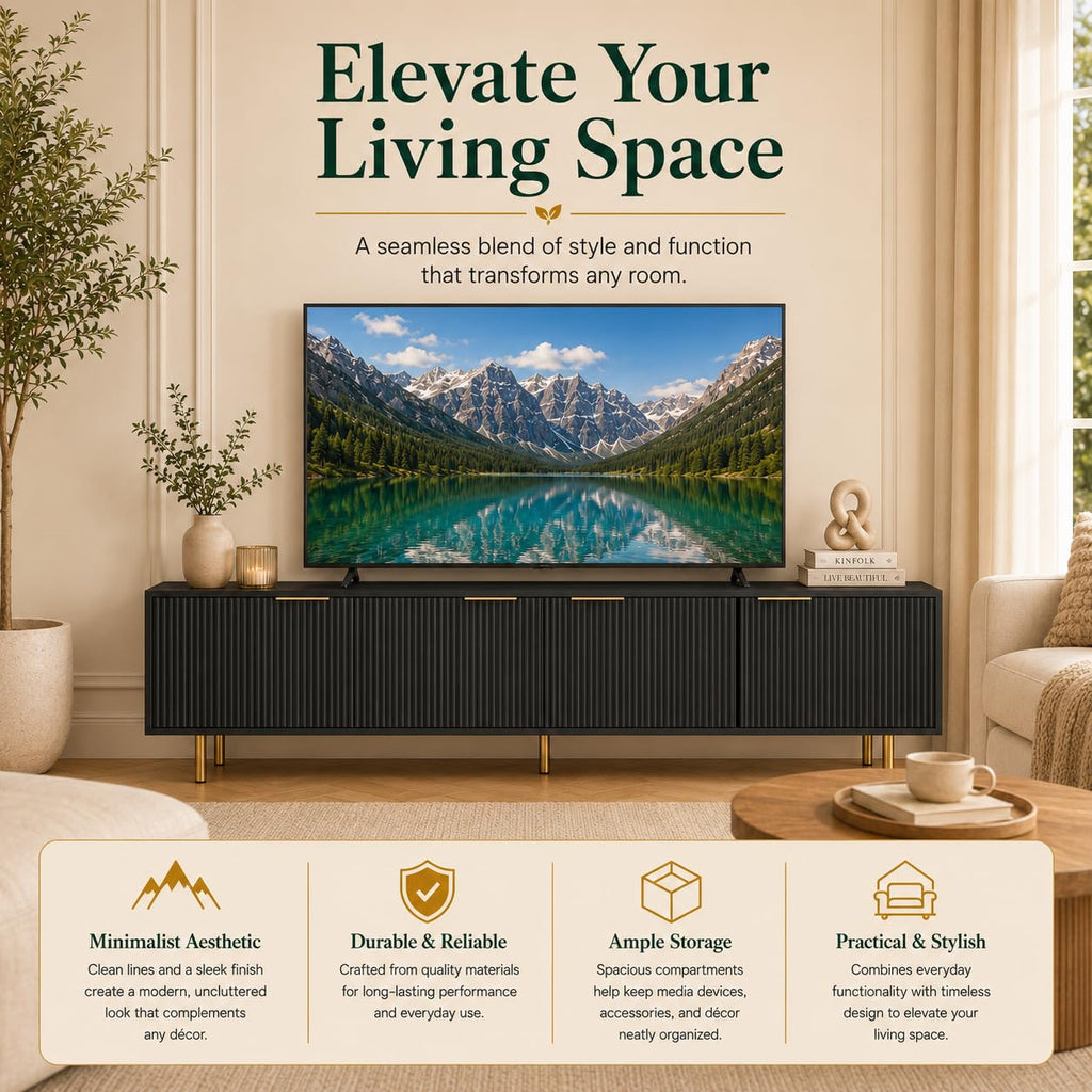 Modern Black with Storage Cabinets, 68 Inch TV Console, Fits 75 Inch TV, Farmhouse Style Media Stand with Grooved