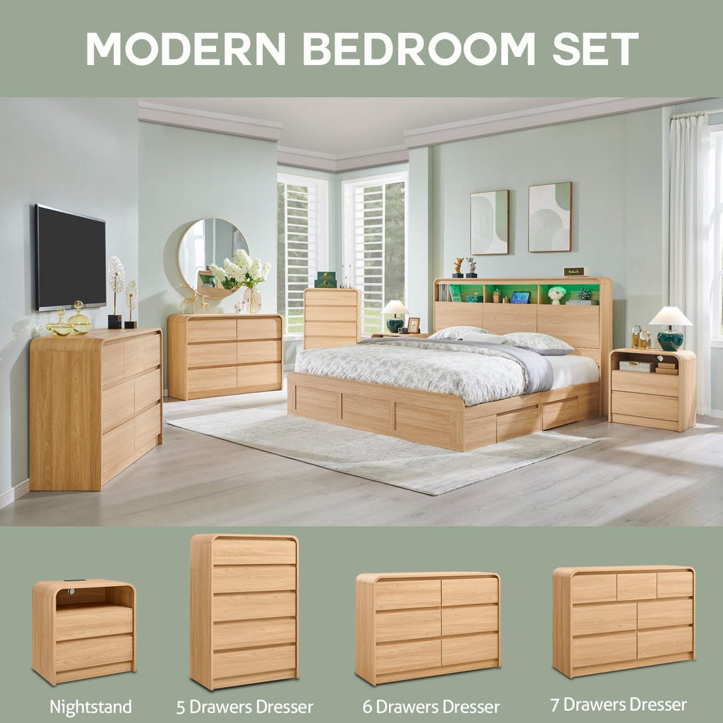 Modern 6 Drawers Dresser , 47" Wide Wood Dressers & Chests of Drawers w/Curved Profile Design, Mid Century Modern