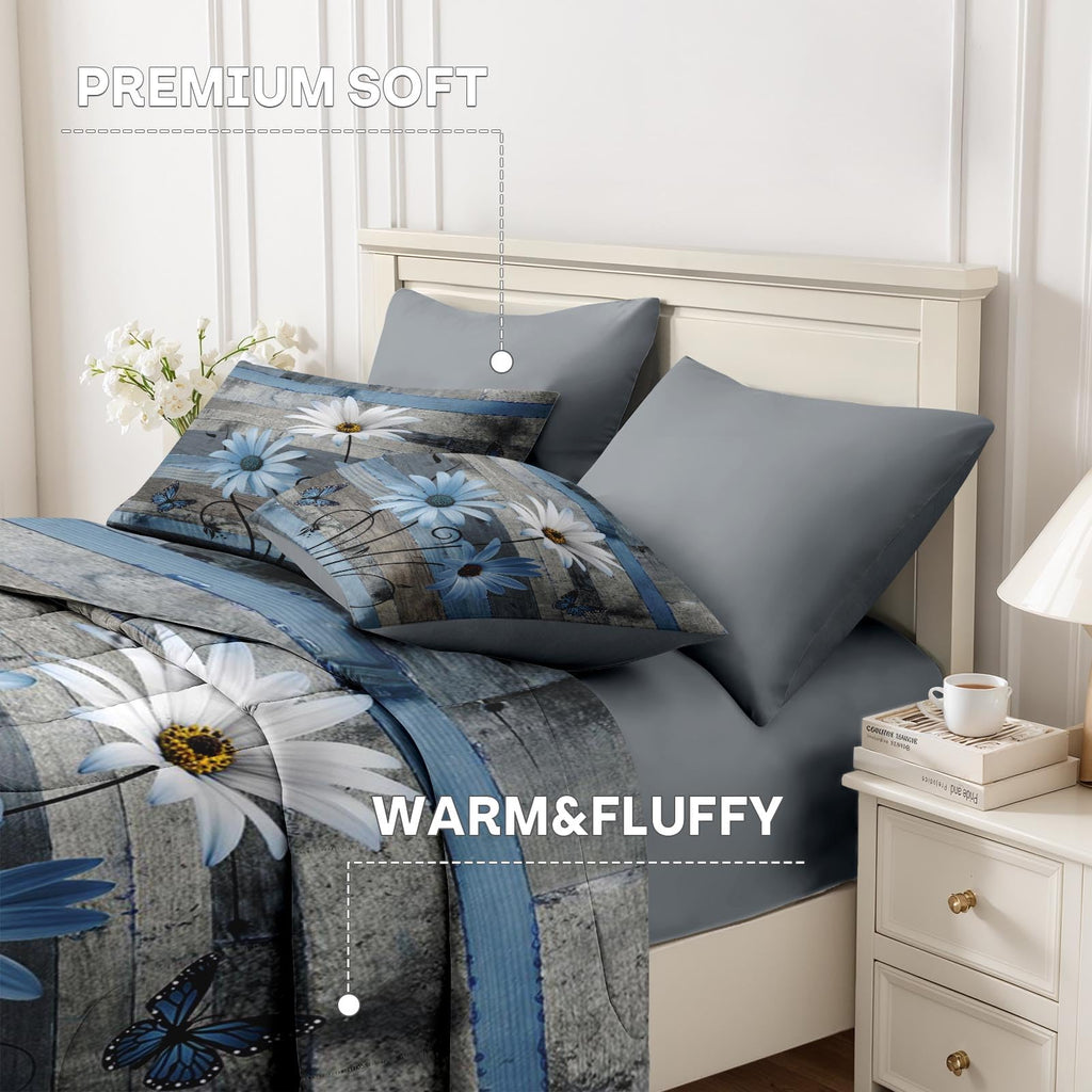 Comforter Set with Sheets, 7 Pieces Farmhouse Daisy Bedding