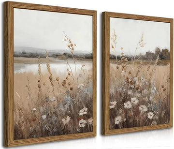 Wood Frame Vintage Wall Art Set of 2, Retro Farmhouse Wildflower Wall Decor Paintings Art Pictures, Country Floral