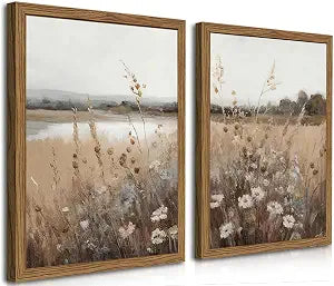 Wood Frame Vintage Wall Art Set of 2, Retro Farmhouse Wildflower Wall Decor Paintings Art Pictures, Country Floral