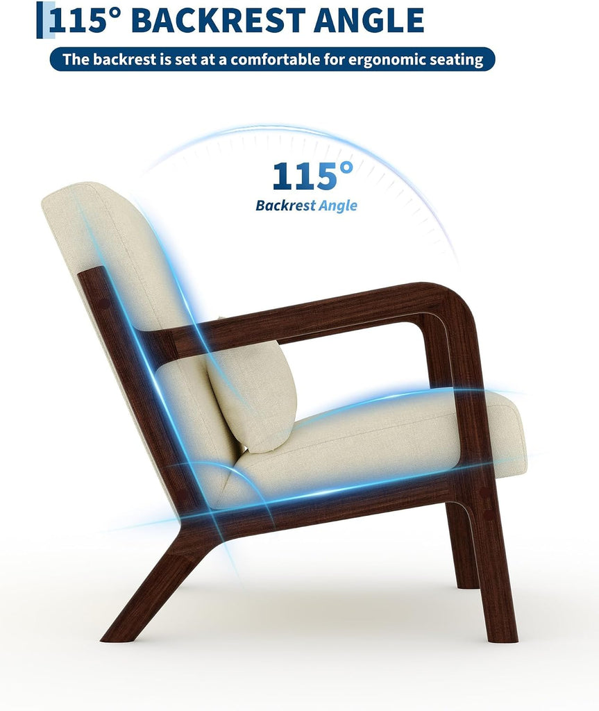 Mid-Century Modern Accent Chair, Chenille Upholstered Armchair with Wood Frame and Lumbar Pillow, Cozy Reading Chair