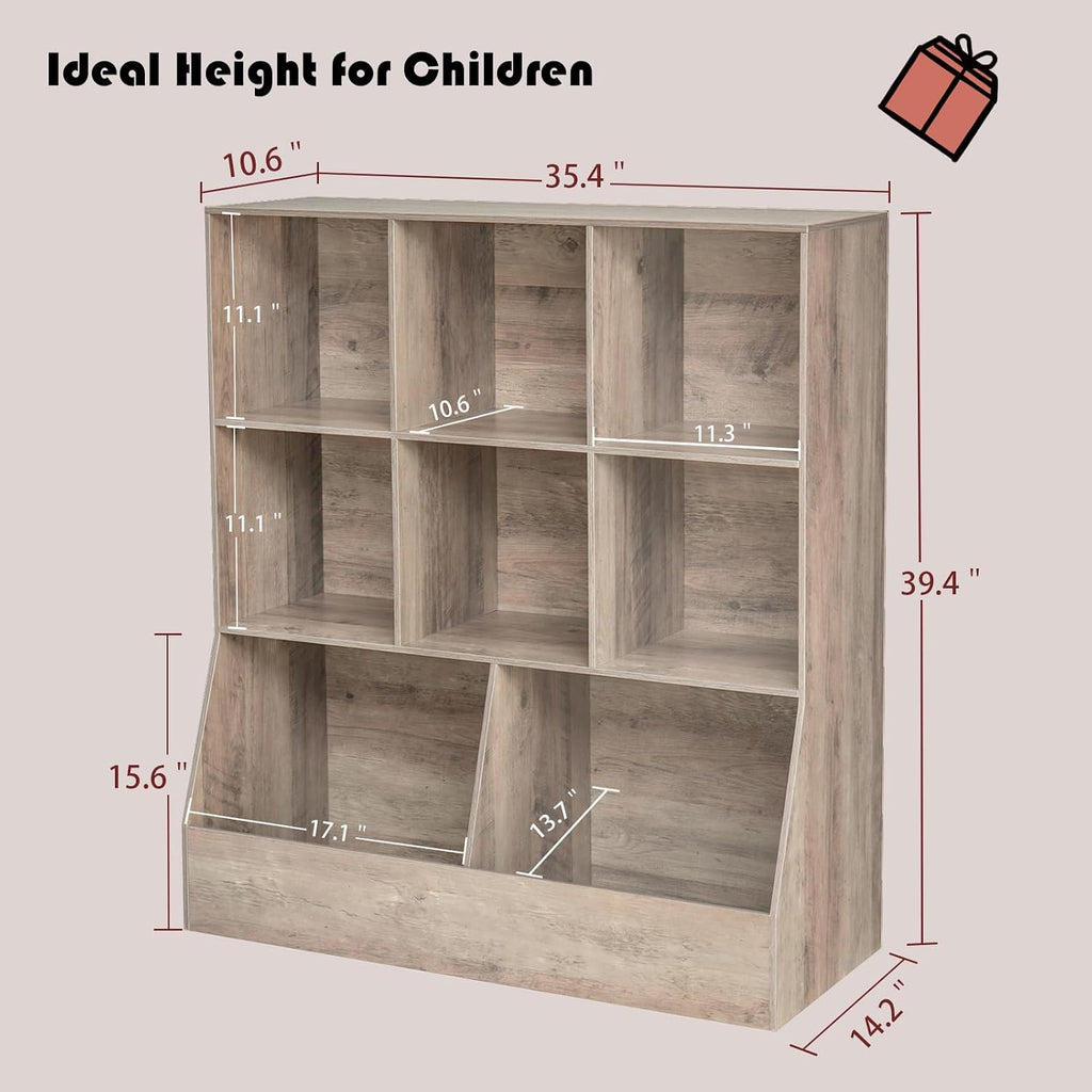 Toy Storage Organizer, Kids Cubby Cabinet with Bookshelf, 8-Cube | 3-Tier Wood Toy Book Shelf, Anti-Tip Structure