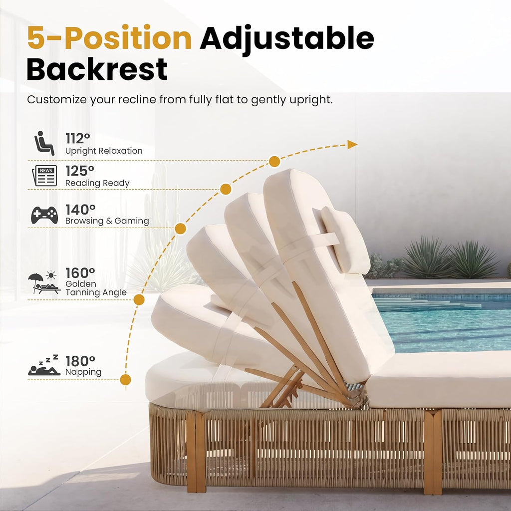 Patio Chaise Lounge Chairs Outdoor, Biege | 5-Position Adjustable Backrest, All Weather PE Rope Wicker, Modern