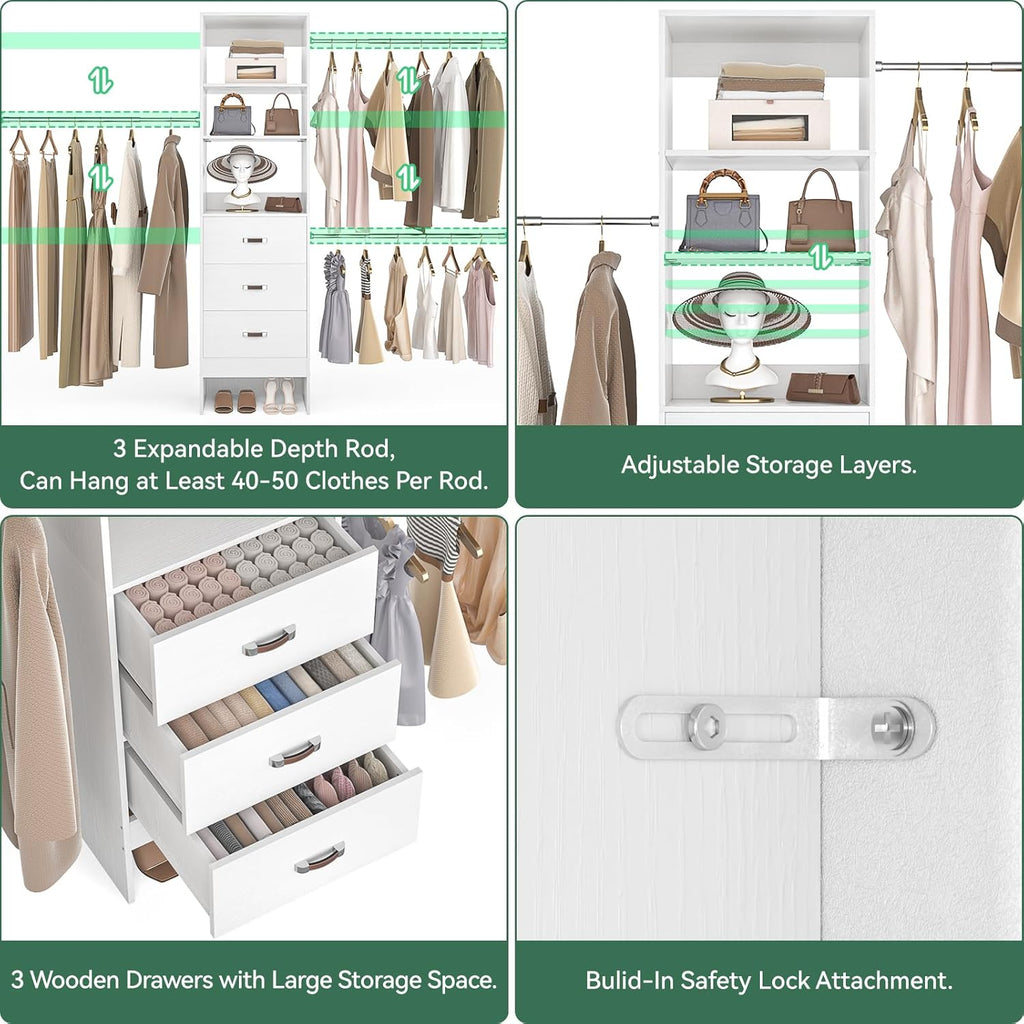 96'' Closet Organizer System with 3 Hanging Rods, 8FT Closet Organizers and Storage with 3 Wooden Drawers, Built in