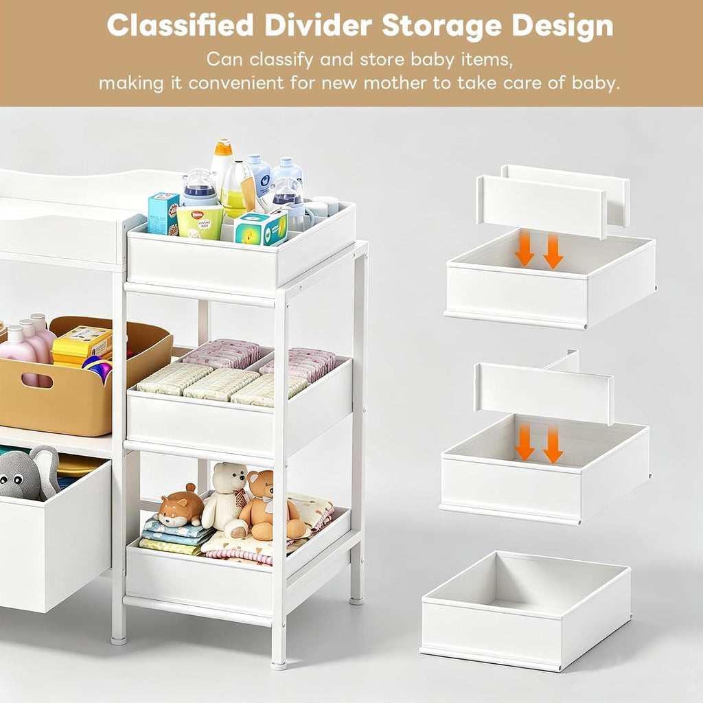 Baby Changing Table with Storage,Heavy-Duty Diaper Changing Station, White Nursery Dresser Organizer with 2 Large