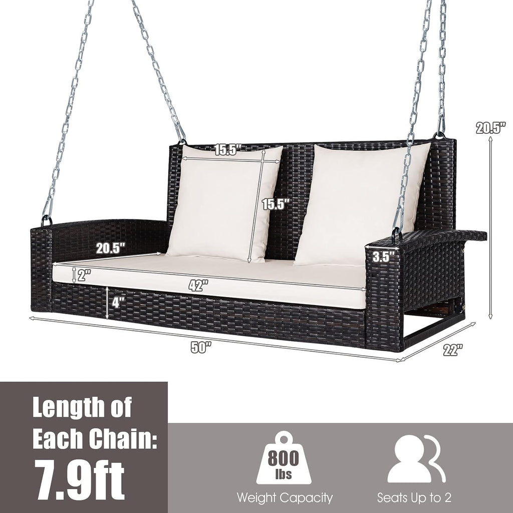 2-Person Wicker Porch Swing, Patiojoy Outdoor Rattan Hanging Swing Bench W/ 2 Back Cushions & 1 Seat Cushion, Sturdy