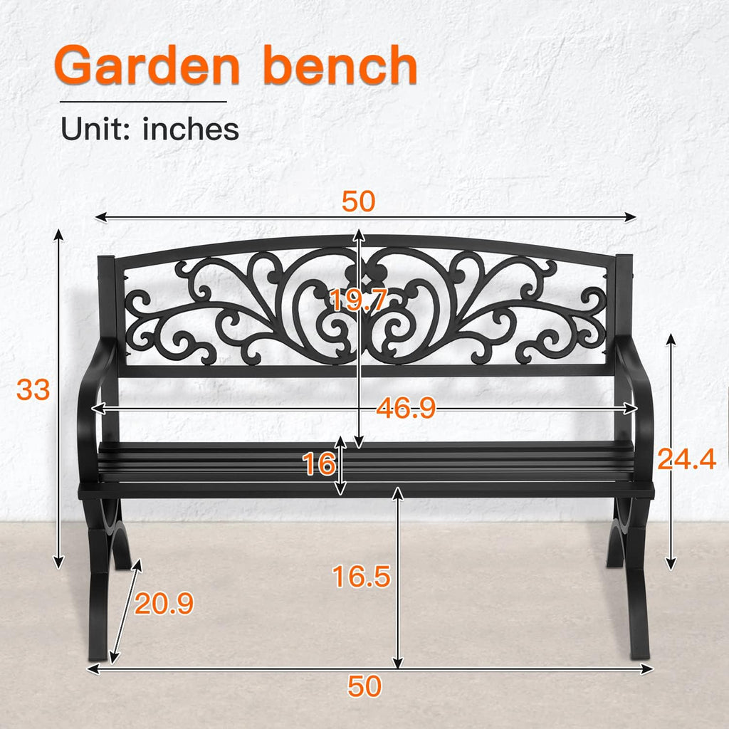Garden Bench 50 inch Outdoor Metal Loveseat Chairs with Armrests Slatted Seat and w/Floral Design Backrest for Park