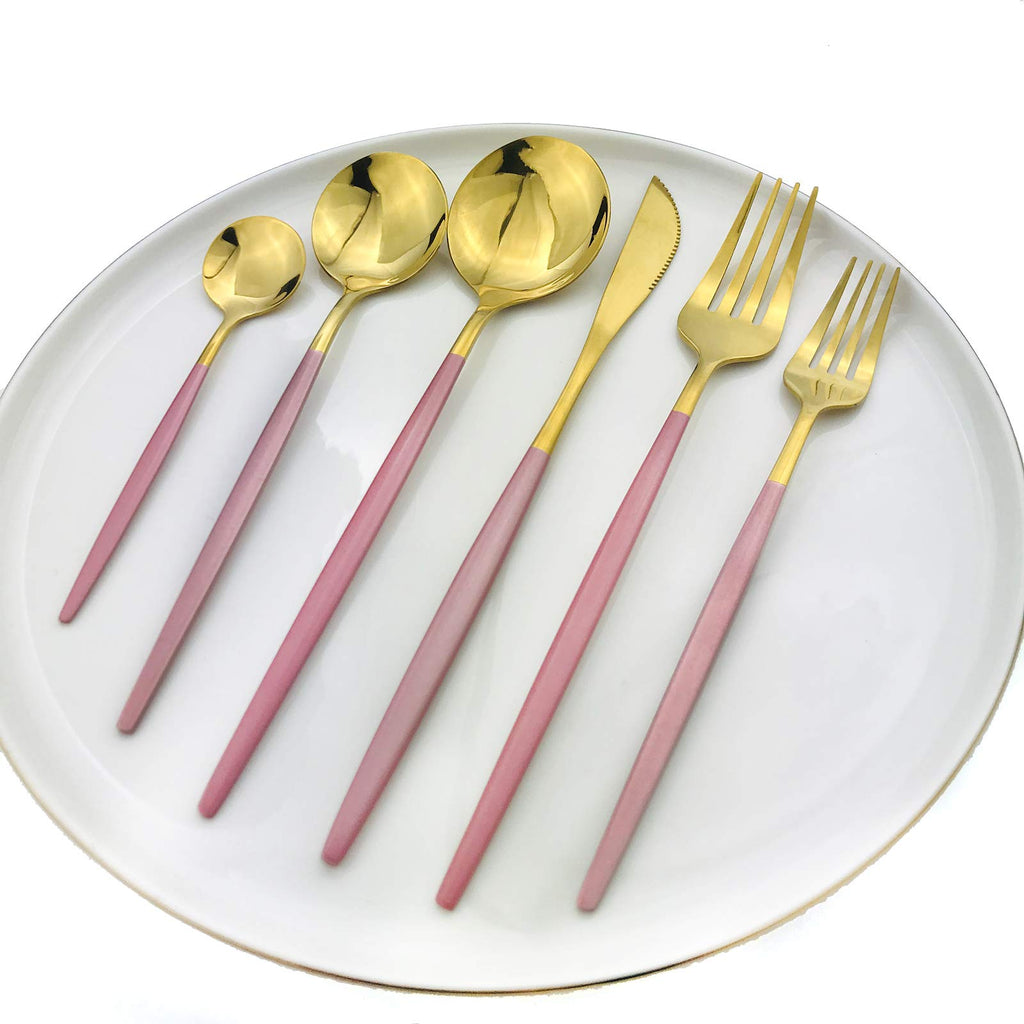 24Pcs Gold Mirror Silverware Flatware With Pink Handle, 18/0 Stainless Steel Cutlery Set Utensils Kitchen Dinnerware