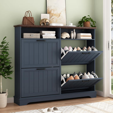 Shoe Storage Cabinet with 4 Flip Drawers, Farmhouse Modern Hidden Shoes Rack Cabinet with Adjustable Shelves & Open