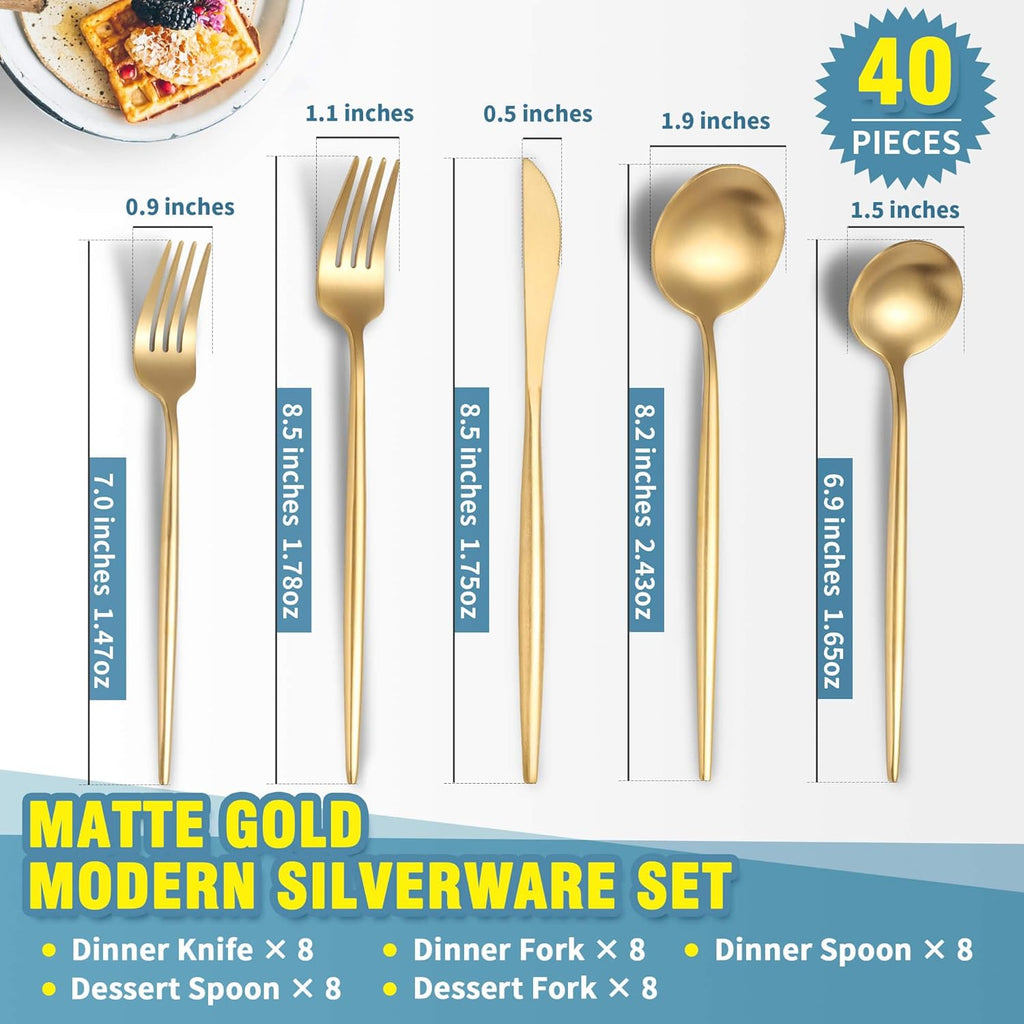 Matte Gold Silverware Set for 8,Modern Stainless Steel Brushed Cutlery Set,40-Pieces Heavy Duty Flatware Set