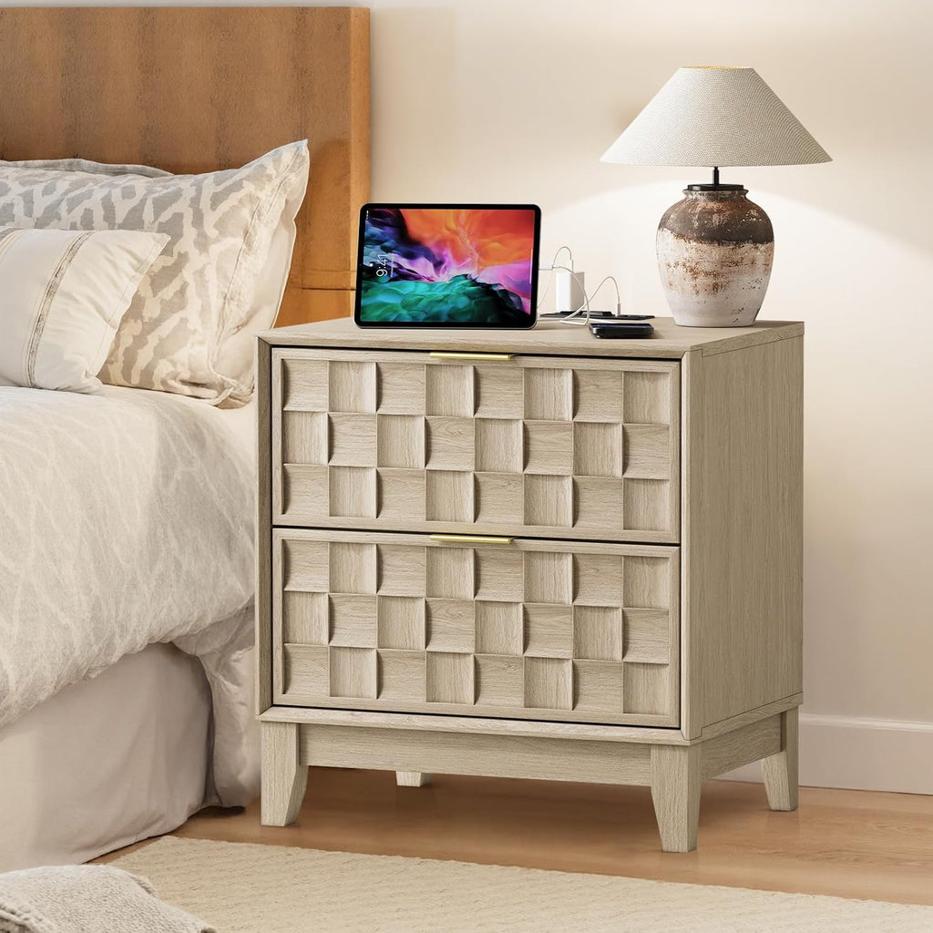 Night Stand with Charging Station Set of 2, Modern Nightstand Bedside Table, Wooden 2 Drawers Dresser, with