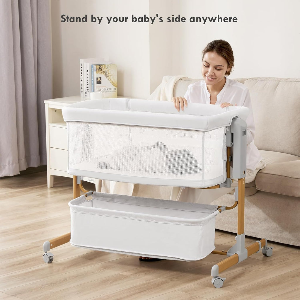 Bassinet Bedside Sleeper, 3-in-1 Rocking Bassinet for Baby with 6-Level Height Adjustable, 4 Wheels & Breathable Mesh