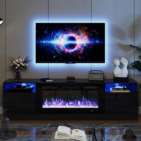 Fireplace TV Stand with 36" Electric Fireplace, LED Light Entertainment Center, Modern Wood Texture Entertainment Stand with Highlight Storage Cabinet for TVs Up to 80", 70 inches, Black A132-B0BFXHCQ17