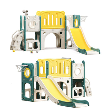 8 in 1 Toddler Slide, Baby Playset for Indoor Outdoor Playground with Basketball Hoop, Storage and Telescope, Climbing