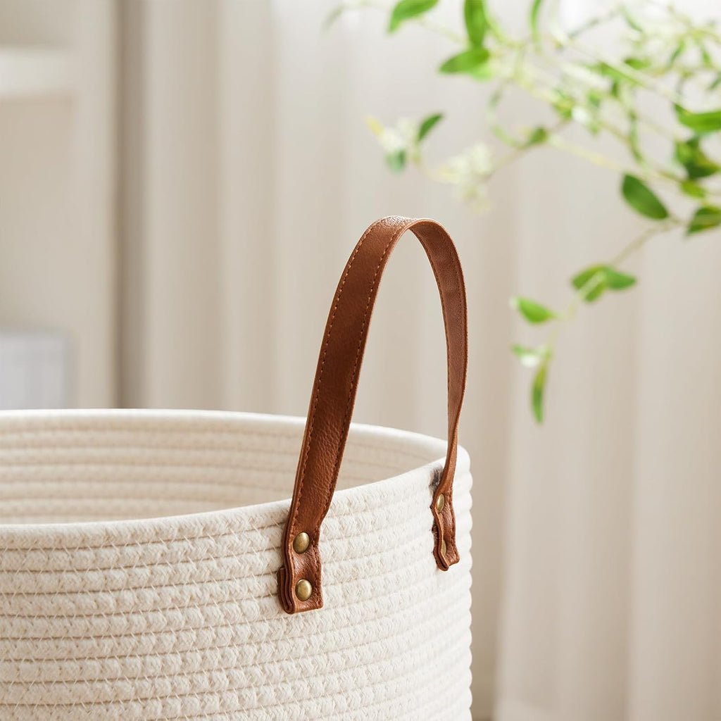 100L Tall Woven Rope Laundry Hamper, Leather Handles, White & Brown | Large Wicker Laundry Basket for Dirty Clothes