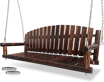 3.5 FT Rustic Log Wooden Porch Swing, Heavy-Duty 900 LBS, Outdoor Hanging Bench , Garden, Yard - Solid Fir Wood