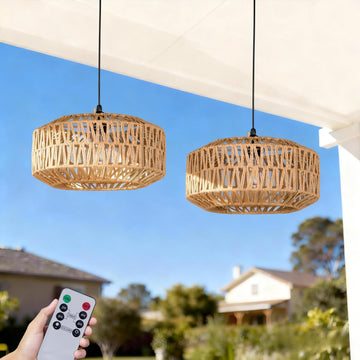 13" Battery Operated Outdoor Chandelier, Battery Power Hanging Pendant Lights, Woven Rattan Gazebo Light Outdoor