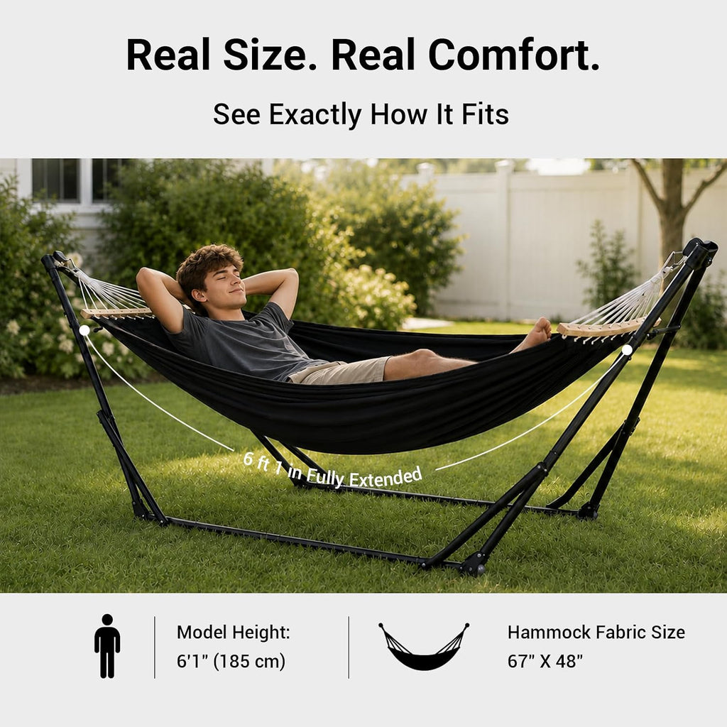 2-in-1 Hammock Chair with Stand, Portable Hammock, Black | Adjustable swing chair for teens with heavy-duty steel