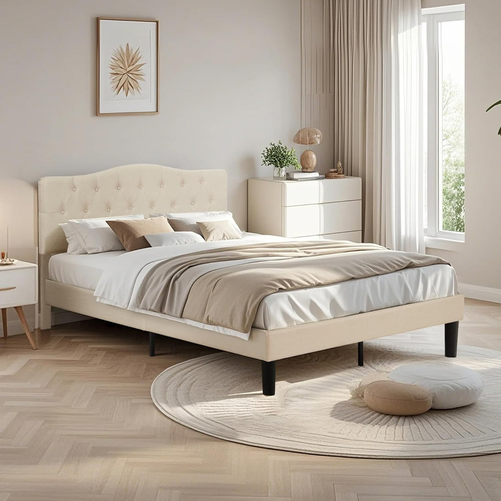 Queen Platform Bed Frame with Fabric Upholstered Headboard and Wooden Slats Support