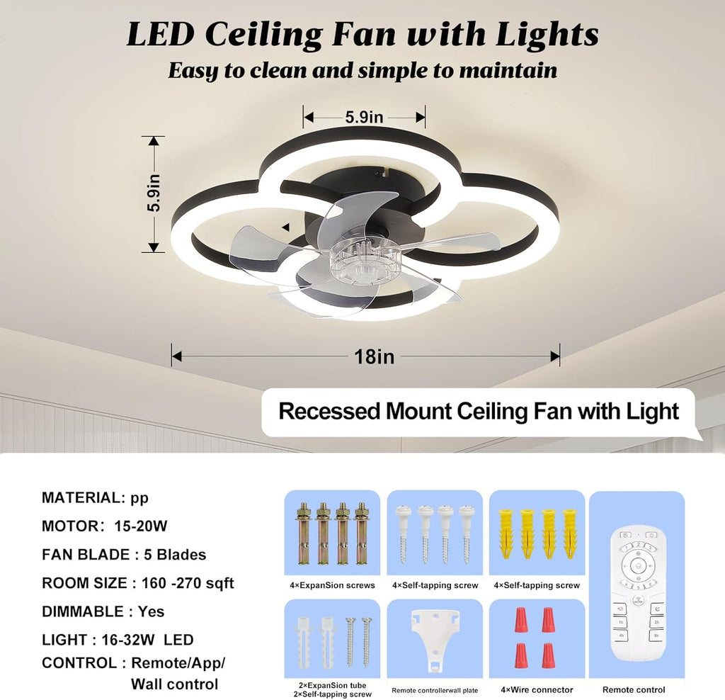 Ceiling Fans with Lights and Remote, Flush Mount Ceiling Fan with Light, 3000-6500K Dimmable Modern LED Ceiling Fans