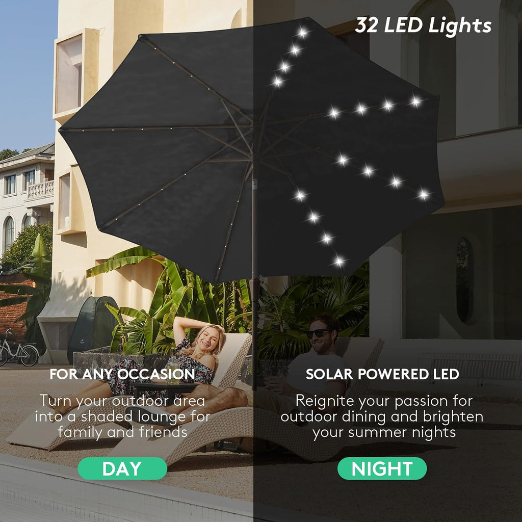 9FT Outdoor Patio Umbrella with Solar Lights, LED Lighted Pool Umbrella with Tilt and Crank - Jet Black