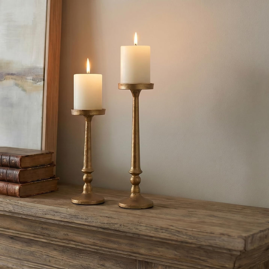 Vintage Iron Pillar Candle Holders Set of 2 12.2" & 10" Tall Candleholders - Rustic Brass Candle Stands - Dining