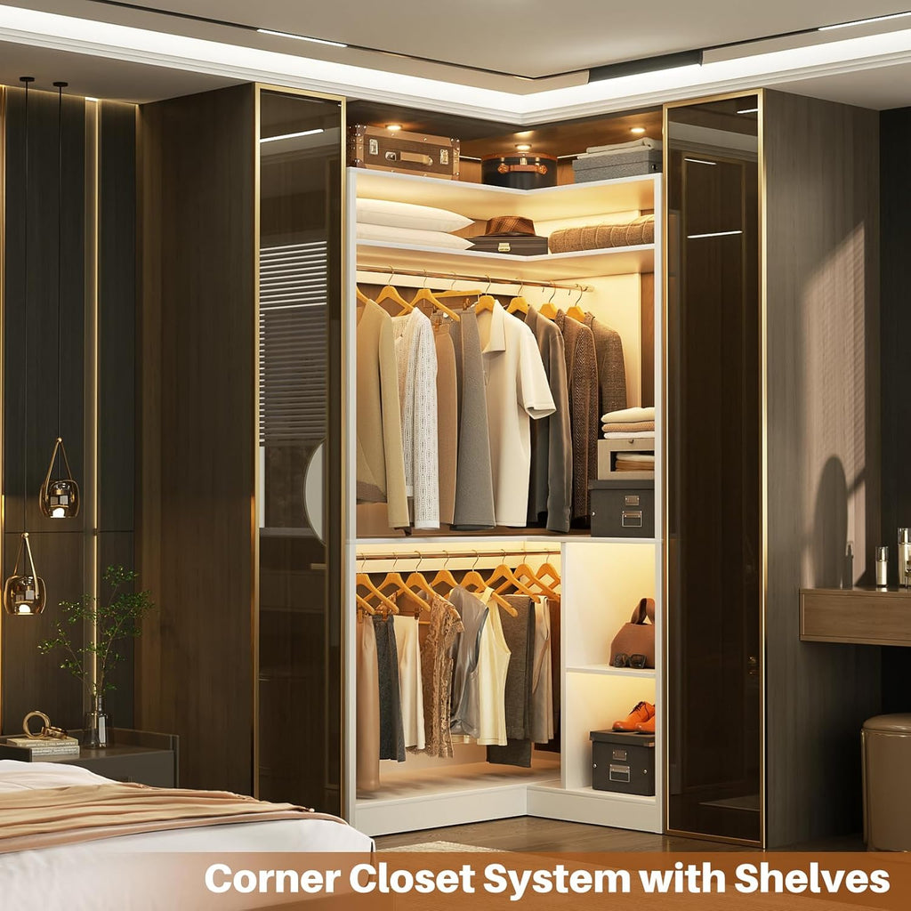 Corner Closet System With Shelves, 34'' Organizer With Hanging Rods, Wood Walk-in for Small Space, Freestanding