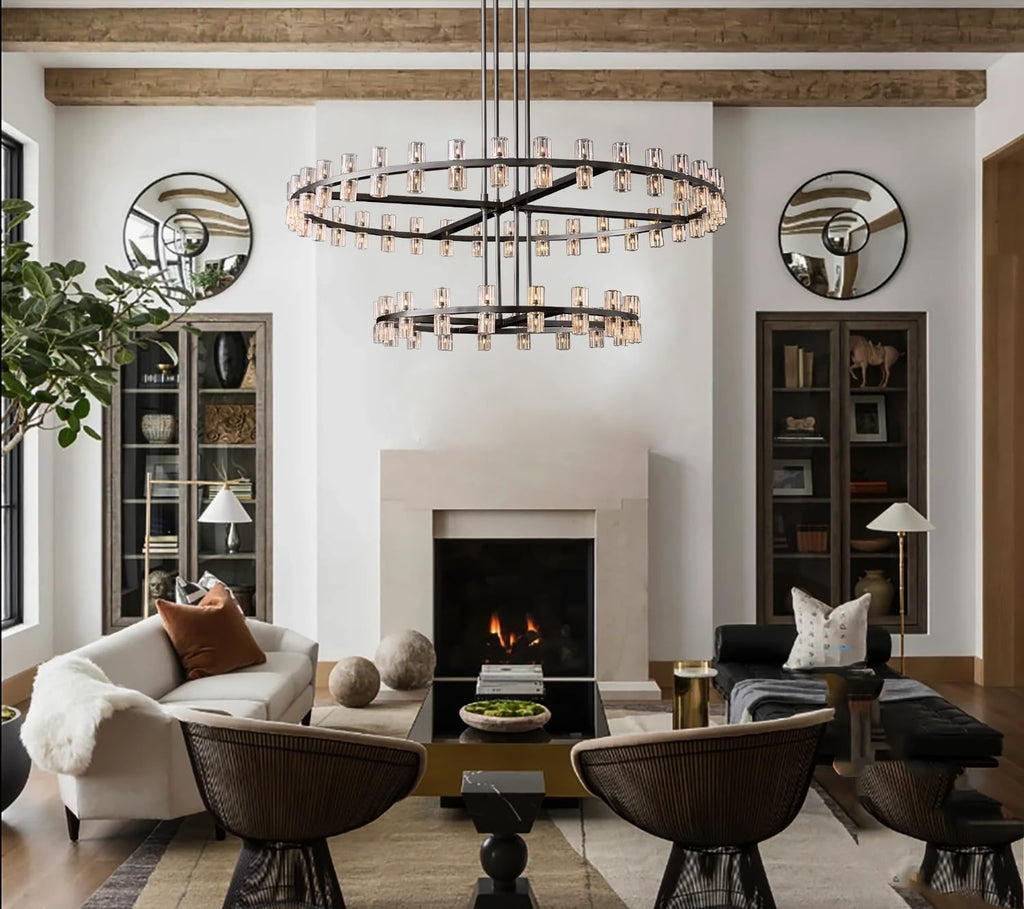 Inspired Arcachon Style 2-Tier Round Wagon Wheel Chandelier, 32" + 40" 72-Light Black — Foyer, Great Room & Dining