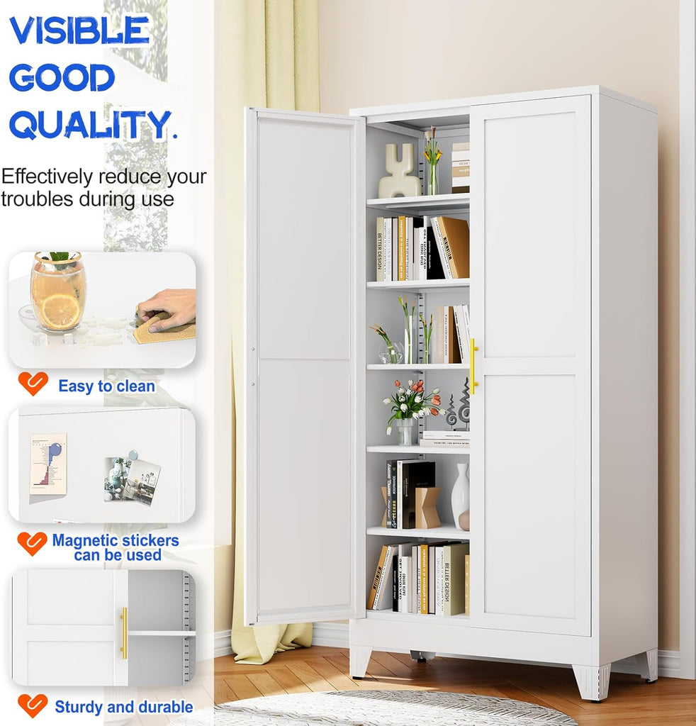 75.2" Tall Metal Storage Cabinet with 2 Doors and 5 Adjustable Shelves, New upgrade Kitchen Pantry Cabinet, White